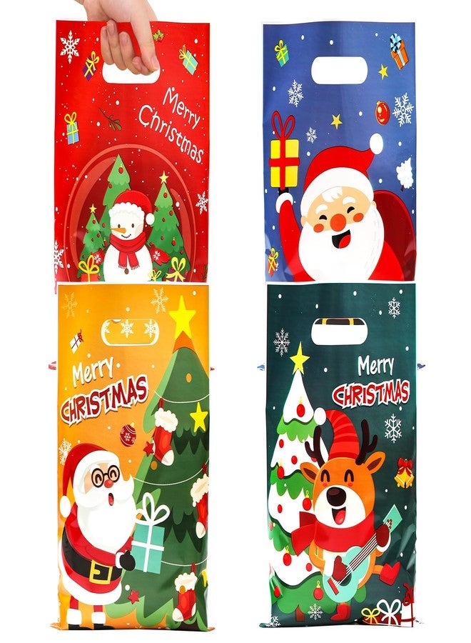 QIFU 50 Pcs Christmas Gift Bags with Handles - 4 Styles Merry Christmas Trees Santa Claus Snowman Elk Plastic Bulk Treat Tote Cookie Goody Candy Snack Bags for Winter Xmas Holiday Party Decorations Favors - Image 1